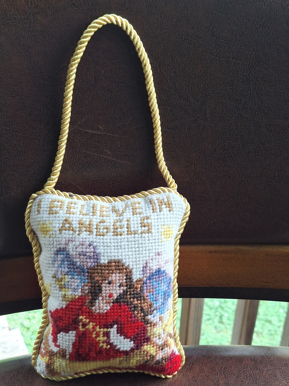 Handmade Cross-Stitch Angel Mini Hanging Cushion .I Believe In Angels